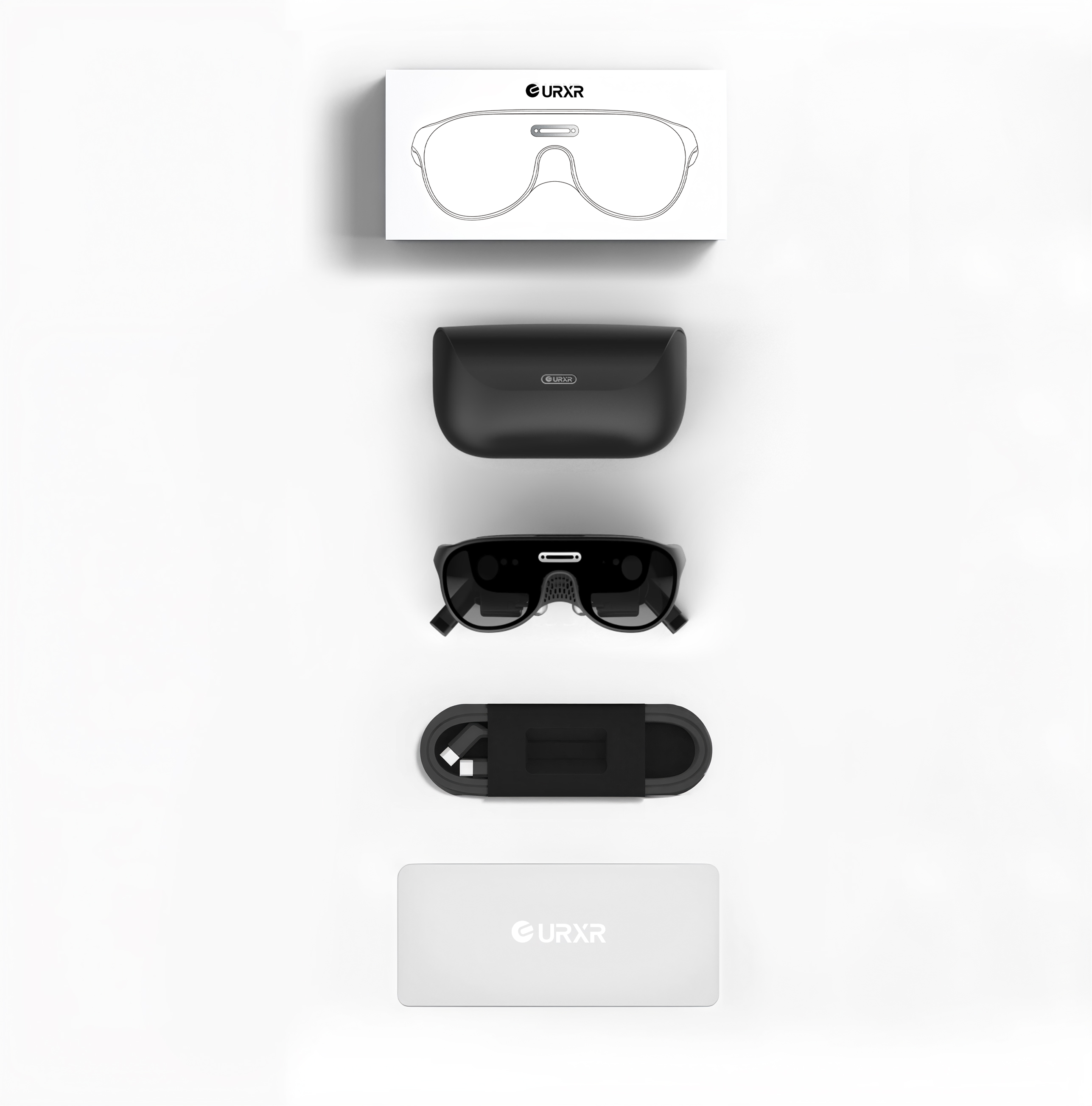 What is in the box: URXR One glasses, carry case, USB-C cable, and documentation